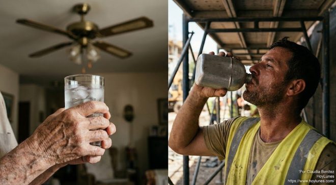 Manos de una persona mayor con un vaso de agua y un trabajador hidratándose a la sombra durante un día caluroso.