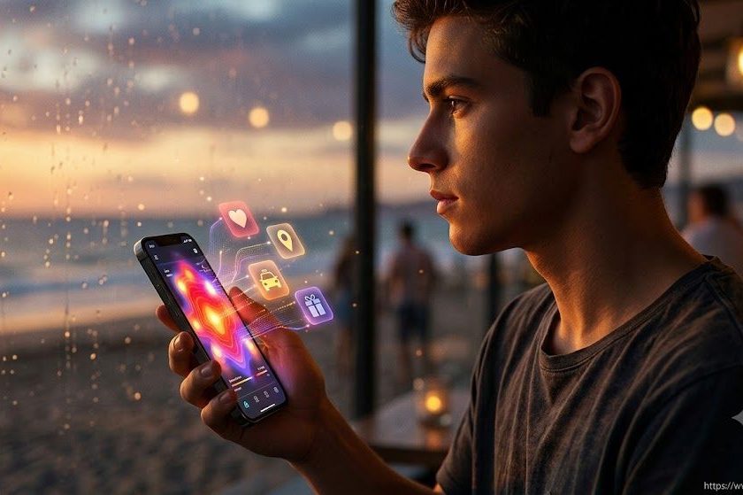 Primer plano de perfil de un teléfono inteligente sostenido con elegancia al aire libre en una terraza o playa en penumbra. En la pantalla del dispositivo se refleja un mapa de calor o una interfaz abstracta de datos luminosos e interactivos, mientras en el fondo desenfocado (*bokeh*) se percibe la calidez de un atardecer veraniego. Transmite el choque entre la desconexión estival y la hiperconexión digital de decisiones espontáneas.