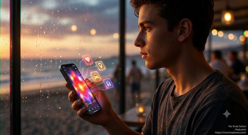 Primer plano de perfil de un teléfono inteligente sostenido con elegancia al aire libre en una terraza o playa en penumbra. En la pantalla del dispositivo se refleja un mapa de calor o una interfaz abstracta de datos luminosos e interactivos, mientras en el fondo desenfocado (*bokeh*) se percibe la calidez de un atardecer veraniego. Transmite el choque entre la desconexión estival y la hiperconexión digital de decisiones espontáneas.