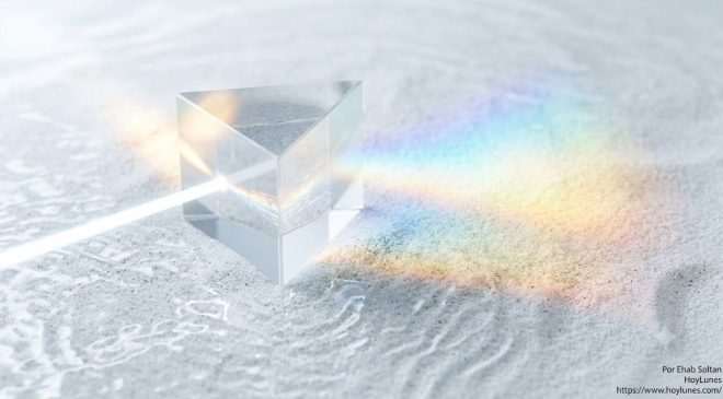 Vista macro y estilizada de un prisma de cristal transparente sobre una superficie texturizada. Un haz de luz limpia atraviesa el cristal dividiéndose en un espectro cromático suave que ilumina una composición abstracta de arena y ondas de agua. Simboliza cómo el contexto veraniego "decompone" y altera la percepción y la carga cognitiva del cerebro.