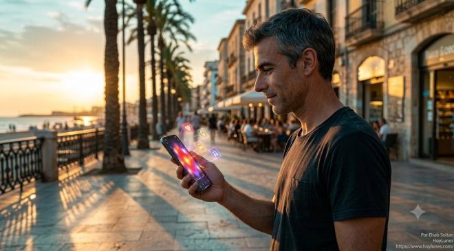 Plano medio de una persona paseando relajada por una calle costera o paseo marítimo al final del día. La persona sostiene un smartphone en una mano mientras camina en movimiento fluido (ligero *motion blur* al fondo). En el fondo se percibe la arquitectura luminosa y la vida estival. Transmite la fluidez del consumo en movilidad y la ruptura de la rutina.