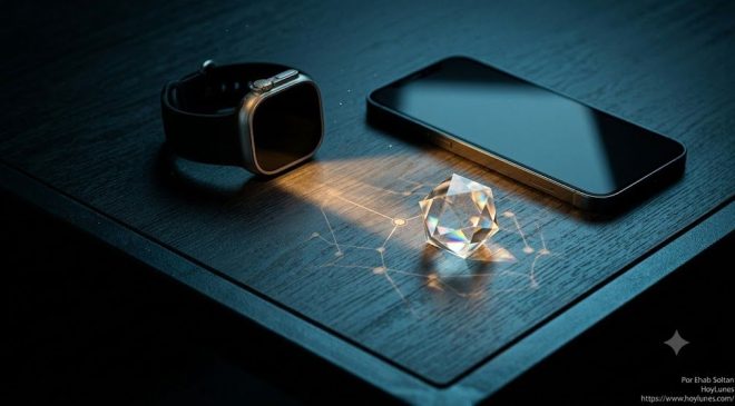 Una mesa de diseño minimalista sobre la que descansa un reloj inteligente y un smartphone en reposo. Desde la pantalla proyecta un tenue reflejo geométrico que ilumina suavemente una figura geométrica de cristal. Transmite la presencia silenciosa de la Inteligencia Artificial anticipando el contexto humano sin resultar intrusiva.