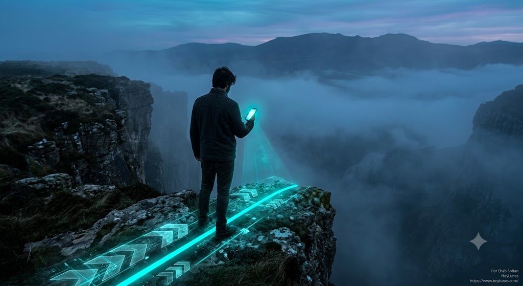 Eine Aufnahme von hinten (Rückenansicht) einer Person, die am Rand einer imposanten Klippe steht oder auf eine kopfsteingepflasterte, im Nebel verschwommene Straße blickt. Sie hält ein Smartphone in der Hand. Der Bildschirm des Telefons leuchtet in einem intensiven Türkiston und projiziert eine helle digitale Linie oder transluzente Vektorpfeile (im Stil einer digitalen Benutzeroberfläche) auf den Boden, die genau den Weg markieren, den ihre Füße gerade beschreiten. Hochkontrastierter filmischer Realismus, atmosphärische und dichte Lichtstimmung.