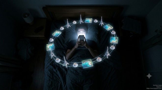 Eine Draufsicht (Vogelperspektive/Zenitwinkel) auf eine Person, die in ihrem abgedunkelten Bett liegt, ausschließlich beleuchtet vom kaltweißen/blauen Licht ihres Smartphones. Vom Bildschirm des Smartphones steigen, wie subtile dreidimensionale Hologramme schwebend, wiederholte Postkarten desselben Reiseziels auf (dieselbe Kanzel, dieselbe Kaffeetasse, dieselbe Bucht). Diese volumetrischen digitalen Bilder kreisen in einer endlosen, hypnotischen Schleife um ihren Kopf. Düstere, filmische Ästhetik der Cyber-Psychologie.