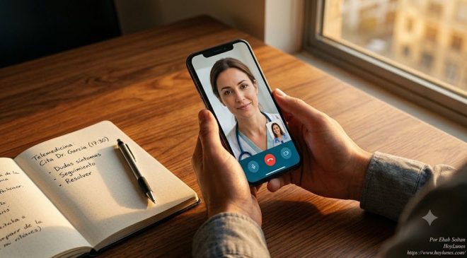 Primer plano de unas manos sobre un escritorio de madera que sostienen un smartphone. En la pantalla del teléfono se aprecia una interfaz limpia e intuitiva con un profesional de la salud (con un gesto sereno y empático) en una videollamada de telemedicina. Al lado del teléfono hay un cuaderno con apuntes y un bolígrafo. La luz entra lateralmente, transmitiendo calma, resolución e inmediatez.