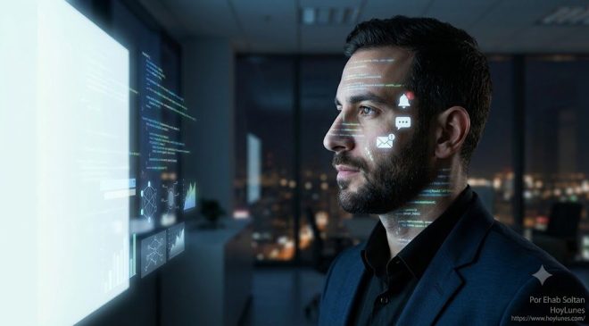 Retrato de perfil de un profesional en un entorno nocturno o en penumbra. Sobre su rostro se proyectan sutilmente líneas de código, iconos de notificaciones y gráficos de datos abstractos provenientes de una pantalla fuera de campo. La expresión del rostro es contemplativa pero firme, sugiriendo la sobrecarga cognitiva que implica filtrar el ruido informativo de la era digital.