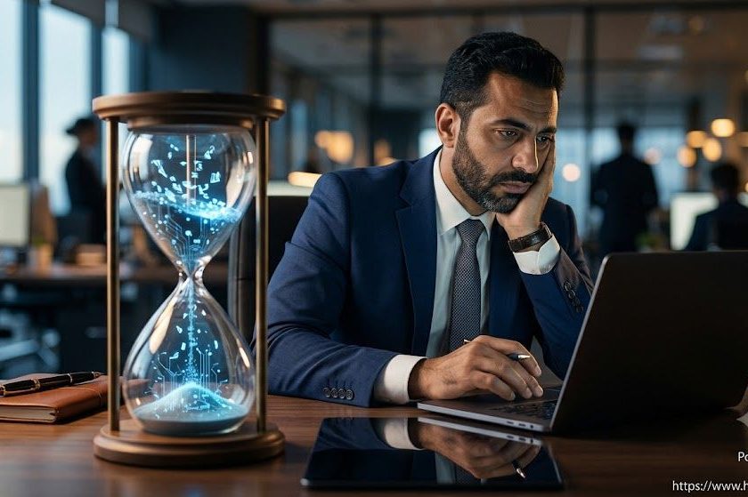 Un hombre de negocios en su escritorio, vestido con ropa ejecutiva pulcra. La persona no muestra signos de llanto ni desesperación explícita, sino una mirada fija y cansada hacia la pantalla de una laptop. Frente a la laptop, en primer plano enfocado, hay un elegante reloj de arena donde lo que cae no es arena fina, sino diminutos fragmentos abstractos de luz azul/redes de circuitos digitalizados que se van apagando al llegar al fondo. El fondo de la oficina está sutilmente desenfocado, transmitiendo aislamiento en medio de la actividad corporativa.