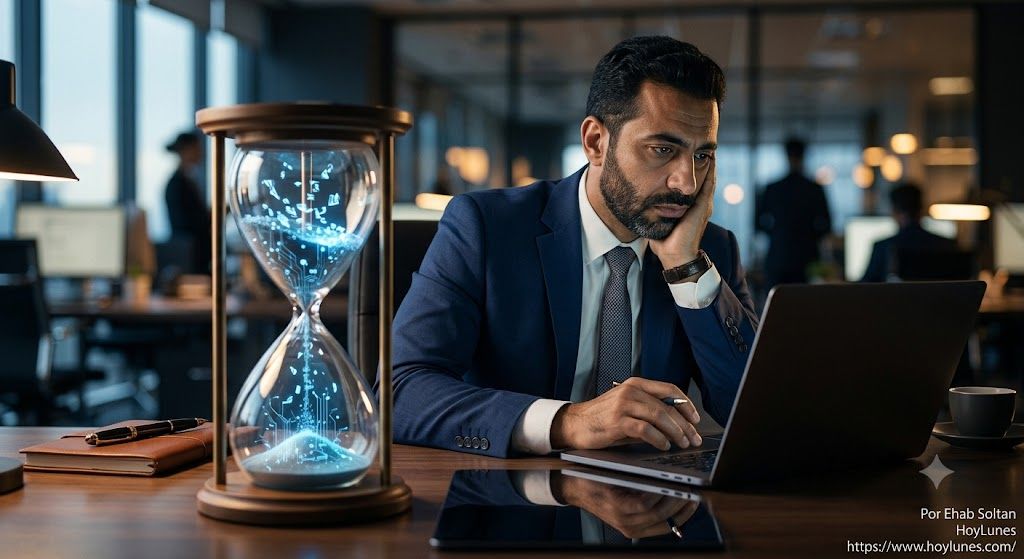 Un hombre de negocios en su escritorio, vestido con ropa ejecutiva pulcra. La persona no muestra signos de llanto ni desesperación explícita, sino una mirada fija y cansada hacia la pantalla de una laptop. Frente a la laptop, en primer plano enfocado, hay un elegante reloj de arena donde lo que cae no es arena fina, sino diminutos fragmentos abstractos de luz azul/redes de circuitos digitalizados que se van apagando al llegar al fondo. El fondo de la oficina está sutilmente desenfocado, transmitiendo aislamiento en medio de la actividad corporativa.