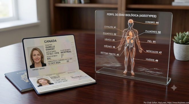 Una mesa elegante. Sobre ella hay un pasaporte abierto donde aparece la edad cronológica.A su lado, una pantalla transparente muestra un mapa corporal donde cada órgano tiene una edad diferente.