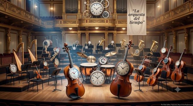 La orquesta del tiempo". Una gran orquesta sin director. Cada instrumento posee un reloj distinto.Un violín marca juventud. Un violonchelo marca madurez. La percusión aparece acelerada. Todo sigue siendo armonioso, aunque cada músico interpreta un ritmo diferente.