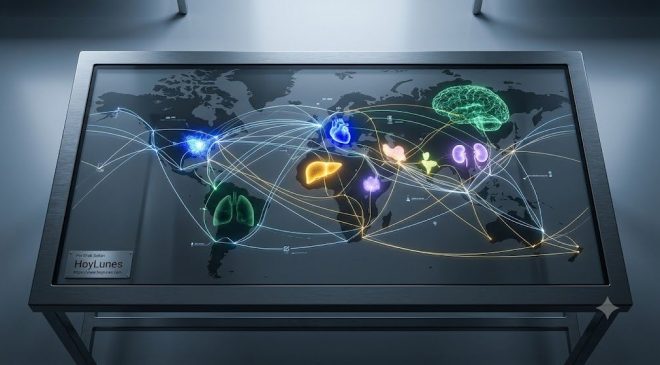 Vista superior de una mesa de laboratorio. En lugar de mapas geográficos aparecen mapas luminosos del organismo humano.Cada órgano tiene un color diferente. Entre ellos aparecen líneas de conexión similares a rutas aéreas. No existen fronteras. Solo múltiples trayectorias temporales.