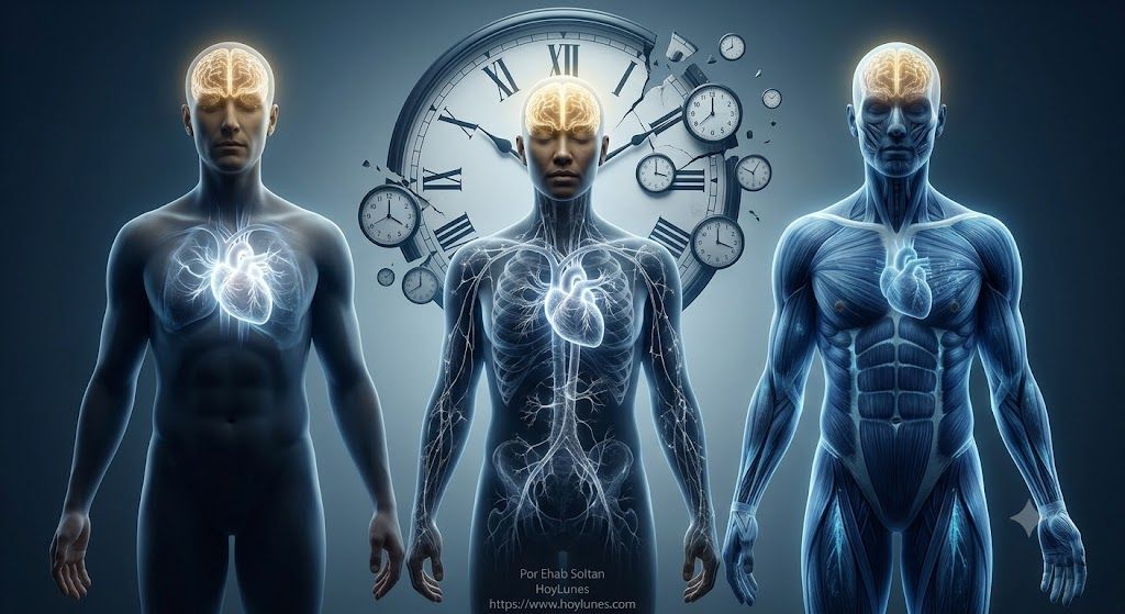 شخص بالغ يقف في مساحة محايدة تمامًا متطلعًا إلى الأمام. يظهر الجسد سليمًا وطبيعيًا دون عناصر تشريحية فجة، بينما تنعكس عليه طبقات رقيقة وشفافة من الضوء تكشف عن أعمار بيولوجية متفاوتة.