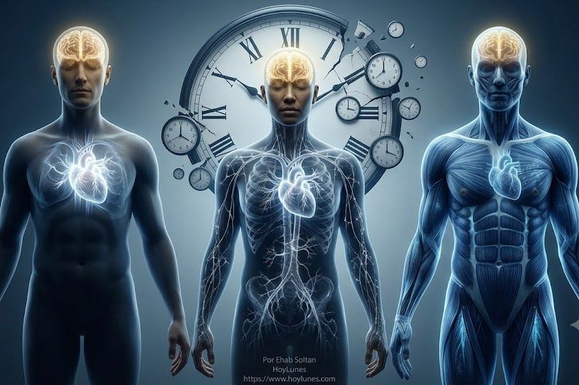 Una persona adulta aparece de pie en un espacio completamente neutro, mirando al frente. El cuerpo permanece intacto y natural, sin elementos anatómicos explícitos. Sobre el cuerpo se proyectan delicadas capas translúcidas de luz que revelan diferentes edades biológicas.