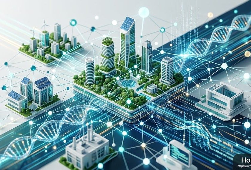 Cinematic abstract 3D render of a futuristic decentralized network grid connecting a modern eco-city, personalized DNA strands, solar architectural cooling panels, and quantum data streams. Floating glowing nodes, clean white, teal, and deep blue colors, high-tech minimalism, hyper-detailed, light streaks, Editorial style for World Economic Forum.