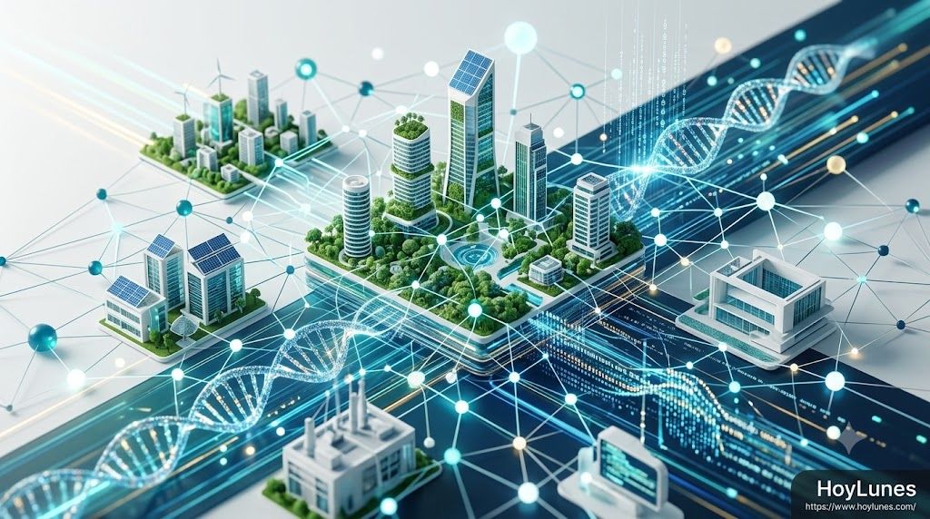 Cinematic abstract 3D render of a futuristic decentralized network grid connecting a modern eco-city, personalized DNA strands, solar architectural cooling panels, and quantum data streams. Floating glowing nodes, clean white, teal, and deep blue colors, high-tech minimalism, hyper-detailed, light streaks, Editorial style for World Economic Forum.