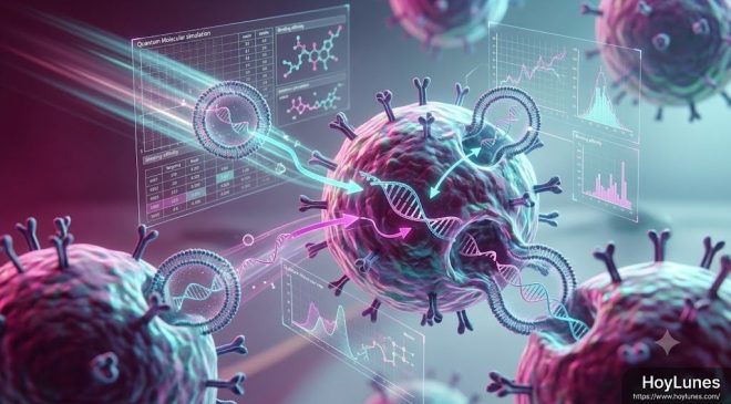 Microscopic view of engineered exosomes and custom mRNA cancer vaccine molecules targeting cells, glowing quantum molecular simulation overlays, medical technology of the future, clean laboratory aesthetics, deep magenta and cyan highlights, 8k resolution.