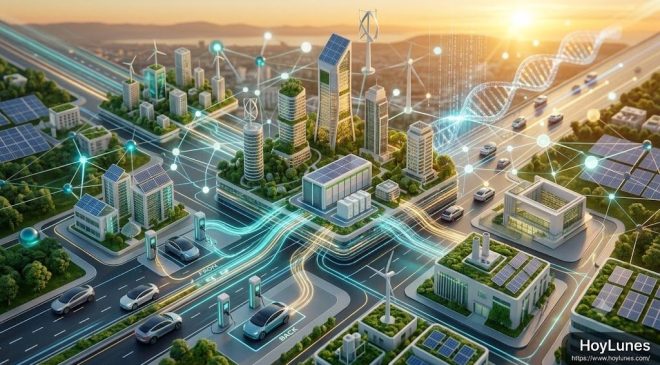Edificios modernos y vehículos eléctricos integrados en una red inteligente bidireccional de energía.