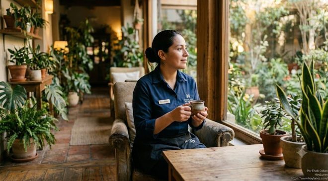 Un plano medio de un miembro del equipo de pisos (camarera de sala o un cocinero) sentado en un área de descanso interna del hotel, diseñada con plantas naturales y luz cálida. La persona sostiene una taza de cerámica rústica con ambas manos, mirando hacia un ventanal con una expresión de relajación real y serena (sin mirar a la cámara). El grano cinematográfico y la luz natural suave acentúan la autenticidad del momento de pausa.