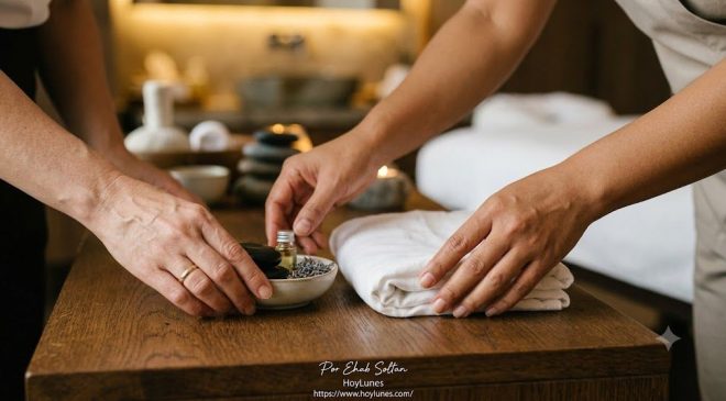 Un plano de detalle centrado en las manos de un terapeuta del spa o de un camarero disponiendo con extrema delicadeza un servicio. El enfoque se centra en la textura de la piel, la suavidad del movimiento y la atención volcada en ese único instante físico. Se percibe el tiempo dedicado a hacer las cosas bien.