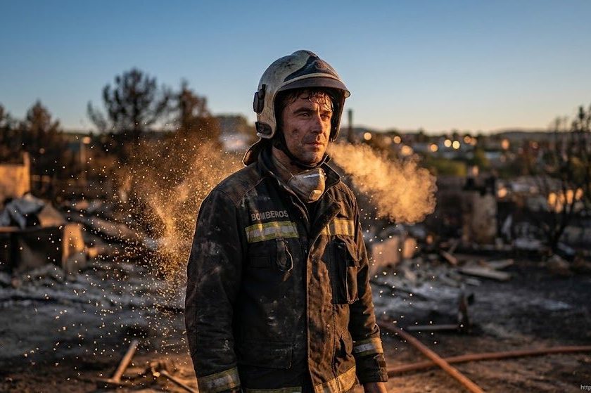 Plan moyen d'un habitant ou d'un pompier dans une zone urbaine ou rurale éclairée par les derniers rayons d'une lumière chaude après l'incendie. Au fond, le ciel est dégagé et bleu, donnant une fausse sensation de normalité. Cependant, grâce à un doux jeu de lumière transversale et à une mise au point critique, on aperçoit au premier plan des microparticules en suspension flottant près de la silhouette du personnage alors qu'il exhale un léger souffle. L'atmosphère transmet la calme apparent de l'environnement face à la persistance du danger microscopique.