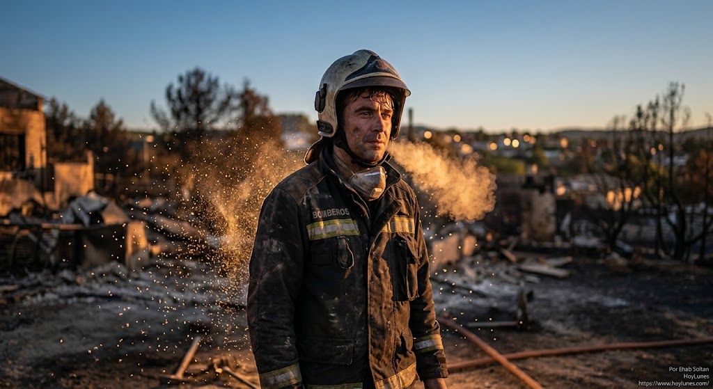 Plan moyen d'un habitant ou d'un pompier dans une zone urbaine ou rurale éclairée par les derniers rayons d'une lumière chaude après l'incendie. Au fond, le ciel est dégagé et bleu, donnant une fausse sensation de normalité. Cependant, grâce à un doux jeu de lumière transversale et à une mise au point critique, on aperçoit au premier plan des microparticules en suspension flottant près de la silhouette du personnage alors qu'il exhale un léger souffle. L'atmosphère transmet la calme apparent de l'environnement face à la persistance du danger microscopique.
