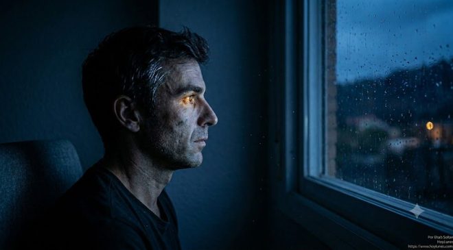Un retrato de perfil de una persona mirando hacia una ventana en la noche. En la luz ambiental se insinúa la silueta de la ciudad o del bosque en penumbra. Su rostro transmite una calma aparente, pero la tensión en la línea de la mandíbula y el brillo amplio de sus pupilas sugieren la hipervigilancia biológica del sistema nervioso que sigue procesando la alarma.