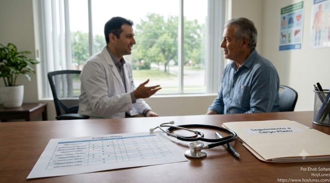 Una mesa de consulta médica o de salud pública iluminada por la luz del mañana. Sobre la superficie de madera hay una gráfica clínica con métricas biológicas impresas, un fonendoscopio y, al fondo (ligeramente desenfocado), un médico conversando pausadamente con un paciente. Transmite recuperación, acompañamiento a largo plazo y la transición de la crisis a la prevención.
