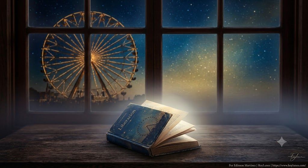Una composición de realismo mágico y estética literaria. En primer plano, una edición de formato pequeño del libro *Liberación* apoyada sobre una mesa de madera oscura o piedra rugosa. Al fondo, a través de una ventana o en un fundido poético, la figura silueteada de una gran noria ("Viaje a la Luna") iluminada con luces cálidas bajo un cielo nocturno profundo, estrellado y teñido de tonos azul cobalto y dorado. Un suave halo de luz tenue ilumina las páginas entreabiertas del libro.