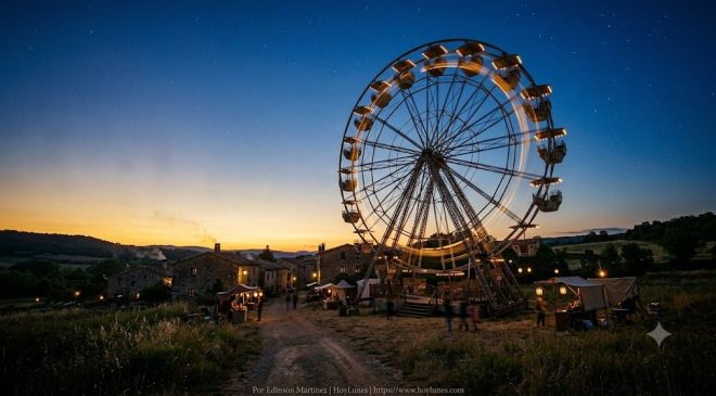 Una toma de gran ángulo de una noria ferial antigua en un entorno de campo abierto o de pueblo (haciendo alusión a Vallfranca), fotografiada al atardecer cuando la luz dorada empieza a dar paso al azul de la noche. La estructura gira levemente generando una suave estela de movimiento, simbolizando el paso ineluctable del tiempo y la transición entre el mundo rural y la era tecnológica.