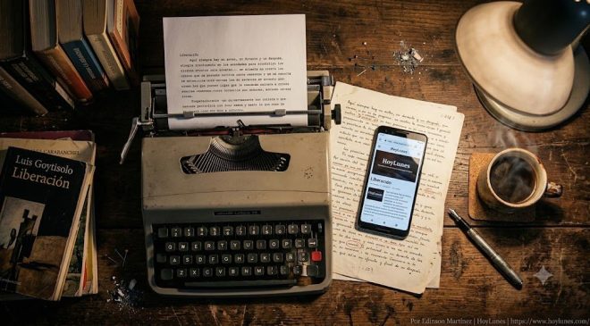 Vista cenital y detallada de un escritorio de escritor retroiluminado por la luz tenue de un flexo. Se observa una máquina de escribir clásica o folios manuscritos junto a un teléfono móvil moderno, creando un contraste directo entre la era analógica y la digital descrita en la novela. Al lado, una taza de café humeante y un bolígrafo gastado.