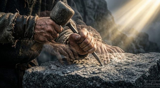Un plan moyen sur des mains rugueuses de bâtisseur médiéval taillant un bloc de granit à même la roche. Grâce à un effet de double exposition ou de flou de mouvement artistique (*motion blur*), on aperçoit la trace superposée et translucide de milliers d'autres mains de différentes époques qui posent la pierre au même endroit.
