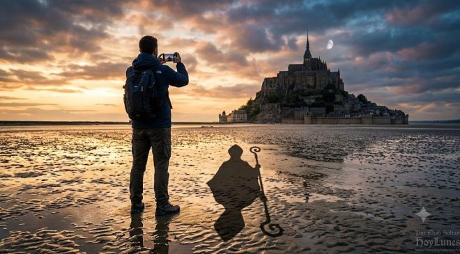 Une photographie prise depuis le dos d'un voyageur moderne qui tient un smartphone ou un appareil photo, cadrant la silhouette actuelle et majestueuse du Mont-Saint-Michel au coucher du soleil. Cependant, l'ombre que ce visiteur projette sur le sol n'est pas la sienne : c'est la silhouette allongée d'un évêque médiéval avec son baccule, marchant exactement dans la même direction.