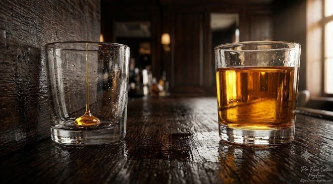 Dos vasos de vidrio soplado artesanal sobre una barra de madera oscura y húmeda. Uno de los vasos está casi vacío, mostrando solo una gota dorada de licor en el fondo; el otro vaso está lleno hasta el borde con un líquido ámbar translúcido que brilla bajo un haz de luz directo. La distancia entre ambos vasos es física y evidente, demostrando el abismo entre dos extremos que una "media" jamás lograría conciliar.