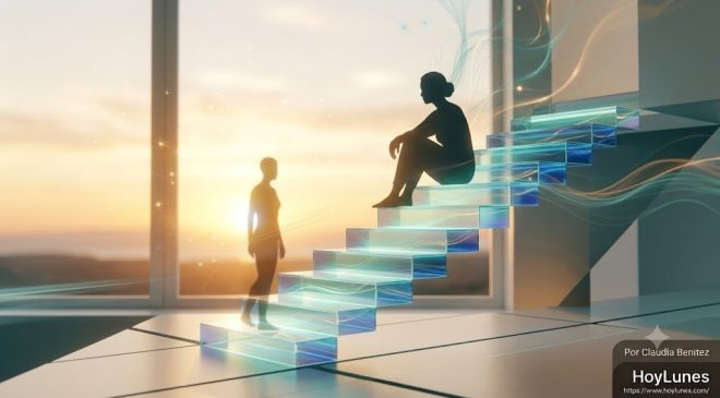 Una escalera de cristal o luz donde el primer escalón está iluminado pero la persona duda en dar el paso, simbolizando la parálisis por análisis.