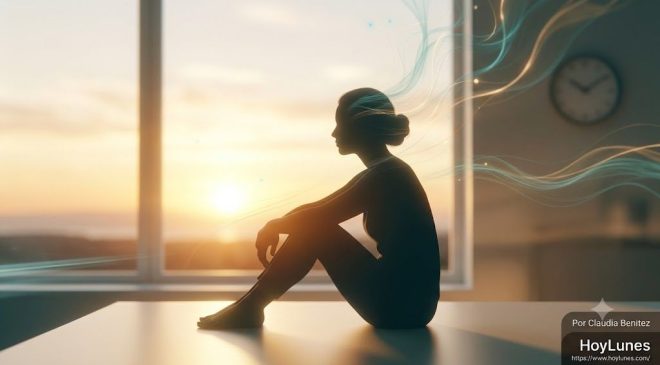 Una figura humana estilizada o silueta sentada junto a una ventana, con un reloj de pared borroso en el fondo y luz suave de atardecer, transmitiendo pausa y refugio.