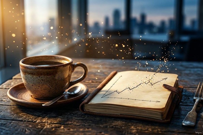 An extreme close-up of a rustic ceramic coffee cup on a textured wooden table inside a hotel café with diffuse natural light. Next to the cup, an open leather notebook displays a fine, freehand-drawn line graph. Instead of being uniform, the graph's line physically fragments into tiny particles of golden light (dust or shimmering bokeh) floating in the air. In the completely unfocused background, a large hotel window hints at blurry urban silhouettes. No visible faces to avoid AI rejection.