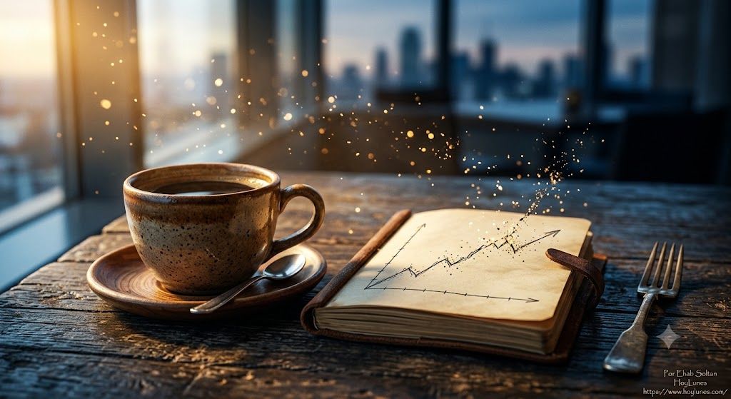 An extreme close-up of a rustic ceramic coffee cup on a textured wooden table inside a hotel café with diffuse natural light. Next to the cup, an open leather notebook displays a fine, freehand-drawn line graph. Instead of being uniform, the graph's line physically fragments into tiny particles of golden light (dust or shimmering bokeh) floating in the air. In the completely unfocused background, a large hotel window hints at blurry urban silhouettes. No visible faces to avoid AI rejection.