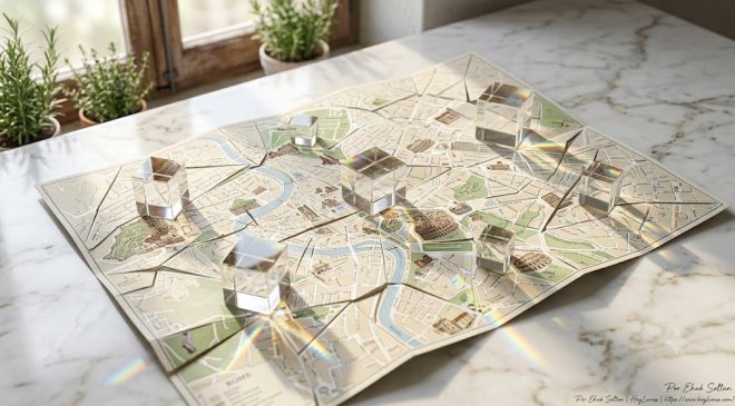 Sobre una mesa de mármol pulido, vemos un mapa físico de una ciudad turística clásica doblado de manera asimétrica. Encima del mapa hay varios prismas o cubos de cristal transparente de diferentes tamaños que refractan la luz del sol, proyectando pequeños arcoíris y espectros de luz fragmentada sobre el papel. Es una metáfora visual del "mosaico" frente a la línea continua. Ninguna figura humana, textura de piedra y papel hiperrealista.