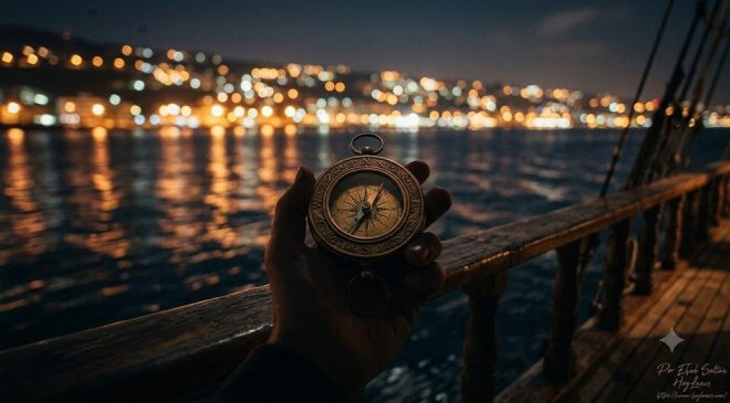 La mano de una persona (solo la silueta de los dedos, de espaldas a la cámara) sostiene una brújula de latón antiguo sobre la barandilla de madera de la cubierta de un barco o una terraza con vistas al mar de noche. El fondo muestra las luces de la costa completamente difuminadas en un hermoso *bokeh*. La aguja de la brújula no apunta al norte magnético tradicional, sino que oscila de forma fluida y orgánica, sugiriendo la búsqueda de nuevas preguntas en lugar de respuestas estáticas.