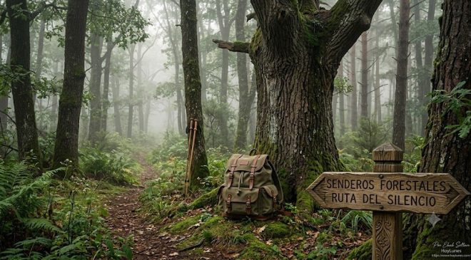 Una toma a la altura de los ojos en un denso bosque europeo envuelto en una sutil niebla matinal. En el centro, una mochila de senderismo clásica reposa junto a un árbol centenario, y en primer plano se observa una señal de madera perfectamente integrada y tallada que indica una ruta. No aparecen personas, transmitiendo una profunda sensación de quietud, orden natural y soledad elegida.
