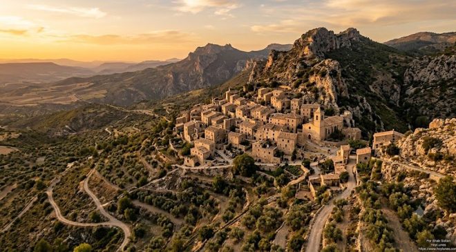 Una panorámica lateral de un pequeño pueblo medieval español de piedra, mimetizado con la ladera de una montaña bajo una luz dorada de atardecer. En los alrededores se aprecian olivares o senderos de tierra vacíos. La imagen debe capturar la textura rugosa de la piedra y la inmensidad del paisaje rural, alejándose por completo de la estética de playa o masificación.