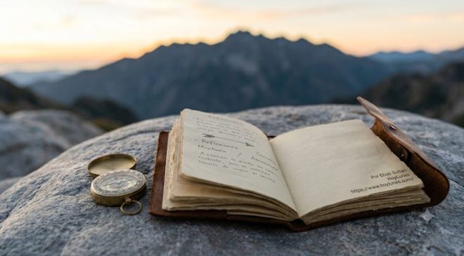 Primer plano de un cuaderno de notas de cuero abierto sobre una roca lisa, junto a una brújula analógica de latón. En las páginas del cuaderno se intuyen apuntes escritos a mano. Al fondo, fuera de foco, se vislumbra la silueta de unas montañas o la línea del horizonte al amanecer. Una composición limpia que invita a la autorreflexión.