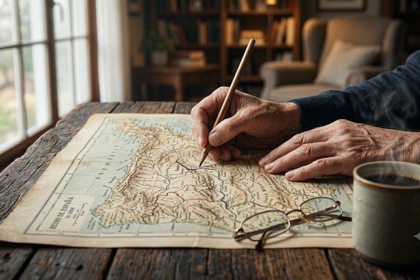 Primer plano cinematográfico con un enfoque nítido (profundidad de campo emborronada al fondo) que muestre unas manos maduras trazando con un lápiz de madera una ruta sobre un mapa de papel cartográfico antiguo o mate. En la esquina de la mesa de madera rústica, se aprecia una taza de café humeante y unas gafas de lectura. La luz es natural y suave, filtrada por una ventana lateral de tarde dominical, creando una atmósfera de concentración, nostalgia y anticipación intelectual.