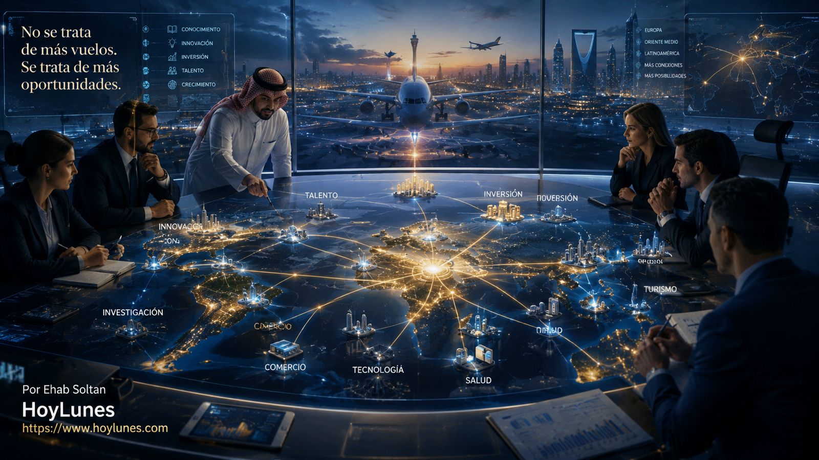 Ein Kontrollraum. Auf den Bildschirmen sind Flugzeuge zu sehen. Der Leiter schaltet diese Bildschirme aus und einen anderen ein. Darauf erscheinen Verbindungen zwischen Unternehmen, Forschern, Innovationen, Talenten und Universitäten.