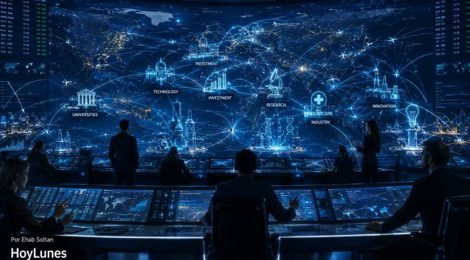 Interior de un centro de control de operaciones extremadamente moderno.Una enorme pantalla muestra cientos de rutas aéreas. Sin embargo, una segunda capa holográfica revela algo completamente distinto. Las líneas unen universidades, empresas tecnológicas, fondos de inversión, centros médicos, laboratorios y polos industriales. Los operadores ya no observan únicamente vuelos. Observan flujos de conocimiento. Los aviones aparecen pequeños. Las conexiones humanas dominan toda la pantalla.