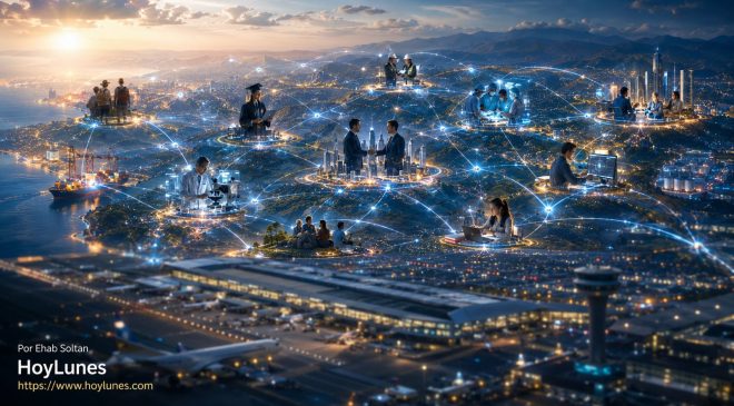 Vista panorámica desde gran altura.En primer plano un aeropuerto contemporáneo. Pero el aeropuerto aparece desenfocado. La atención visual se dirige hacia cientos de personas distribuidas por diferentes lugares del paisaje. Investigadores. Empresarios. Ingenieros. Estudiantes. Turistas. Equipos médicos. Todos aparecen unidos mediante delicadas líneas luminosas. La infraestructura permanece inmóvil.