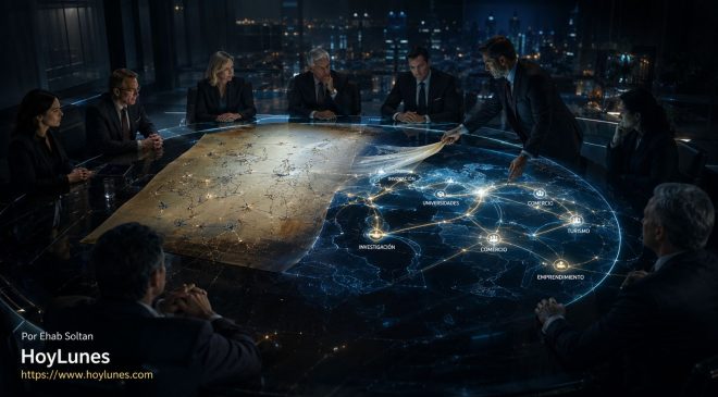Gran sala de reuniones internacional.Una mesa de cristal. Sobre ella aparecen dos mapas superpuestos. El primero representa rutas aéreas tradicionales. El segundo, iluminado, muestra conexiones entre ecosistemas: innovación, universidades, comercio, turismo, investigación, capital, emprendimiento Una persona desplaza lentamente el mapa antiguo hacia un lado mientras todos los asistentes observan el nuevo.