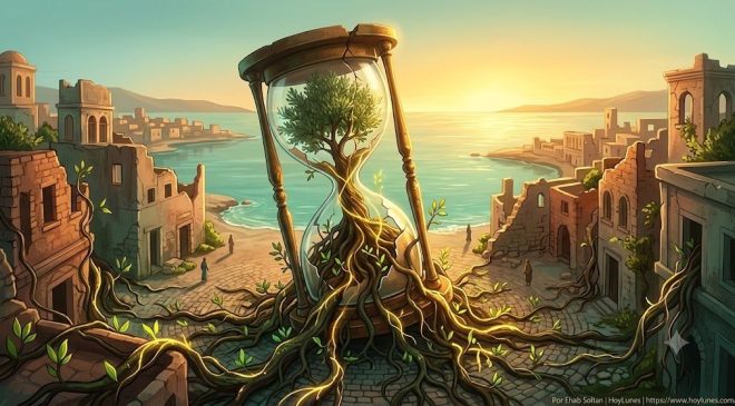 Un reloj de arena gigante y antiguo entreabierto en medio de una ciudad moderna en ruinas serenas. Desde el interior del reloj no cae arena, sino raíces de árbol cargadas de brotes verdes y luz que empiezan a cubrir las calles de piedra. A lo lejos, la silueta de un horizonte despejado al alba transmite paz y renacimiento.