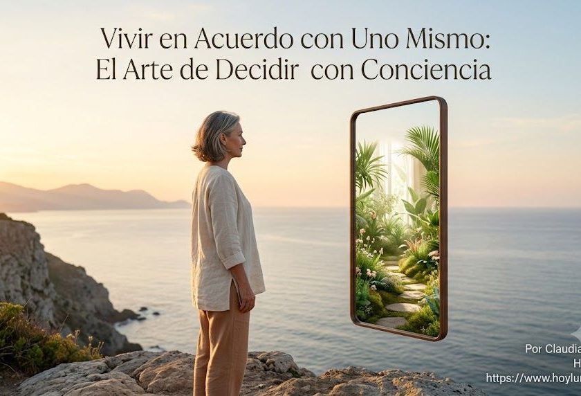 Una persona de perfil en un espacio abierto y sereno (un acantilado al amanecer o una habitación luminosa y minimalista). A un lado de la imagen, frente a ella, hay un espejo de marco sutil flotando o apoyado en el entorno. En lugar de reflejar únicamente su rostro físico, el reflejo dentro del espejo muestra un paisaje interior vibrante, lleno de luz, calma y vegetación, simbolizando que lo que habita en su interior coincide en perfecta armonía con lo que muestra hacia afuera.