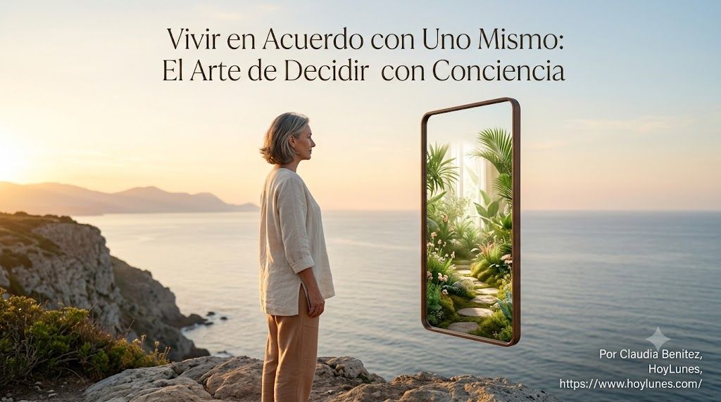 Una persona de perfil en un espacio abierto y sereno (un acantilado al amanecer o una habitación luminosa y minimalista). A un lado de la imagen, frente a ella, hay un espejo de marco sutil flotando o apoyado en el entorno. En lugar de reflejar únicamente su rostro físico, el reflejo dentro del espejo muestra un paisaje interior vibrante, lleno de luz, calma y vegetación, simbolizando que lo que habita en su interior coincide en perfecta armonía con lo que muestra hacia afuera.